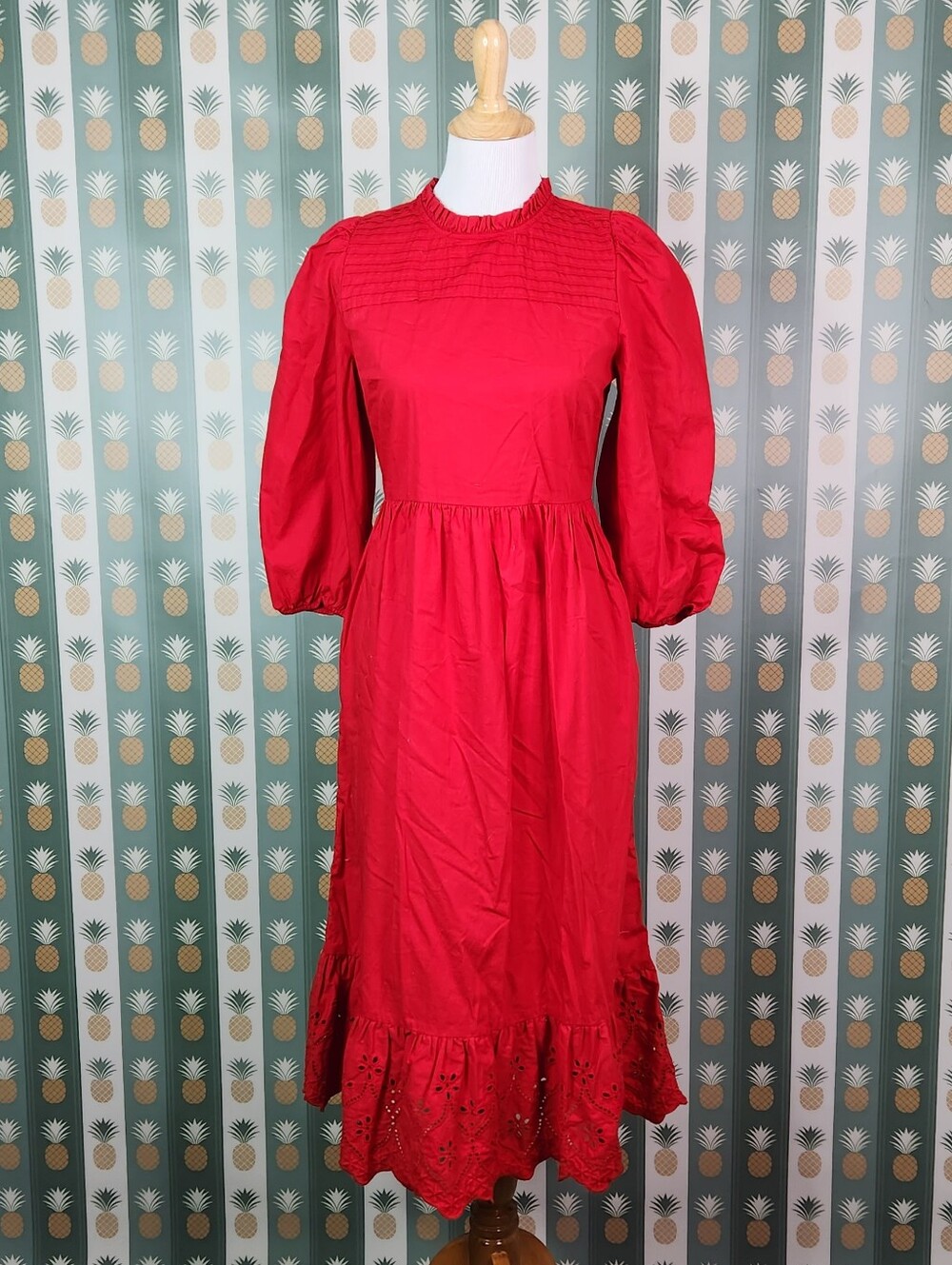 Crown & Ivy Red Eyelet Trim Midi Dress